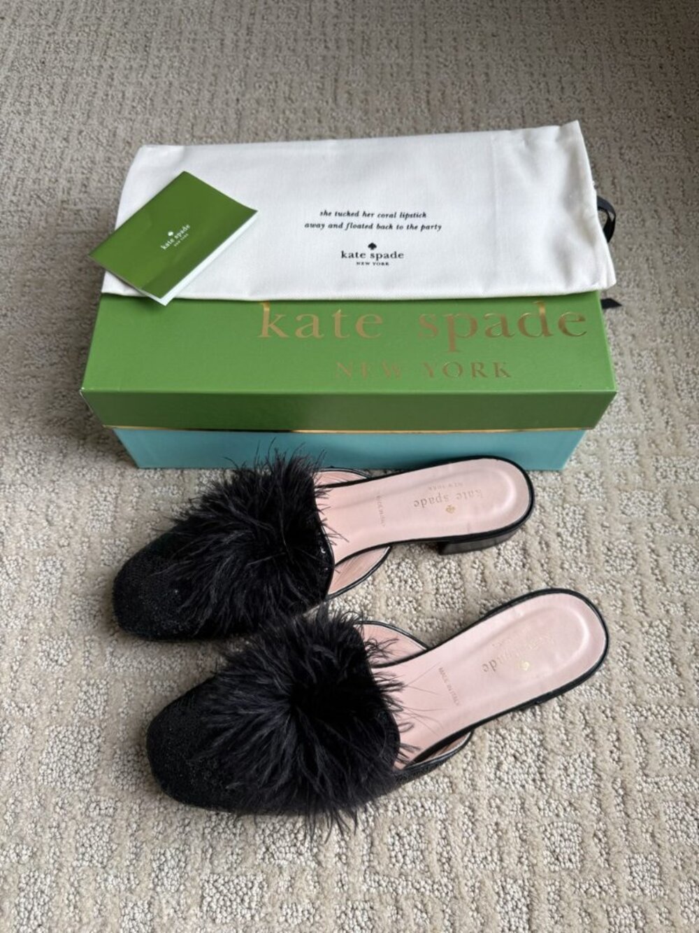Kate Spade Gala Black Sequin Feather Mules Size 9 Made in Italy + Box & Dust Bag